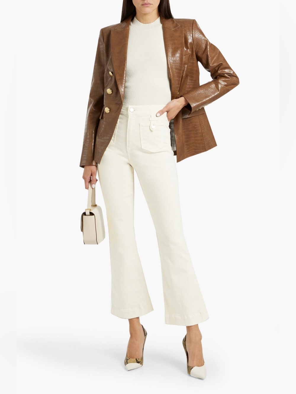 Veronica Beard Carson Ankle Flare Ivory High Rise Crop Jeans Size 26 Minimalist